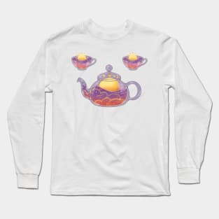 Peaceful sunrise tea set on dark background Long Sleeve T-Shirt